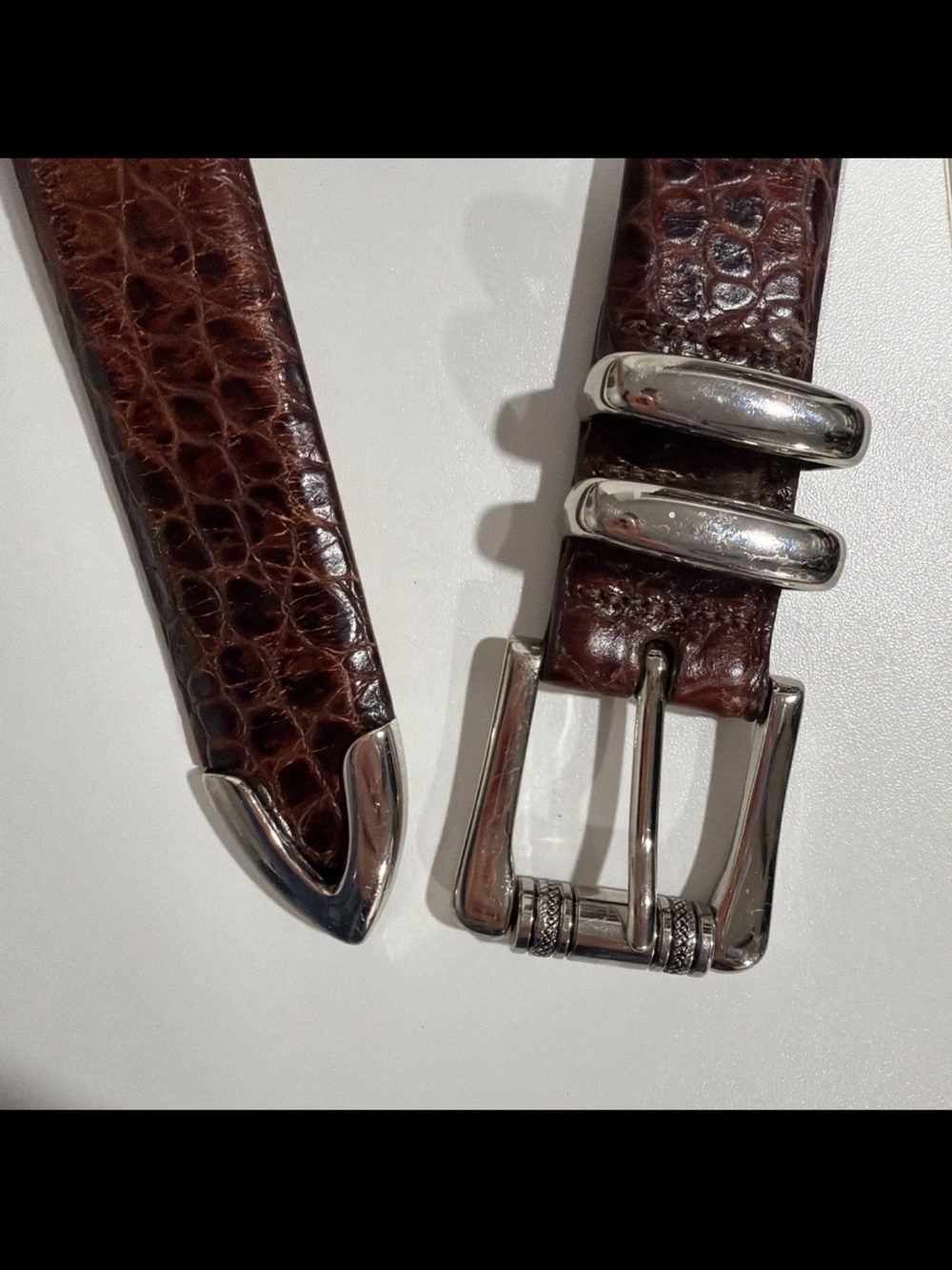 Martin Dingman Alligator Grain Italian  Calfskin Belt Men-40. Silver Deco Buckle